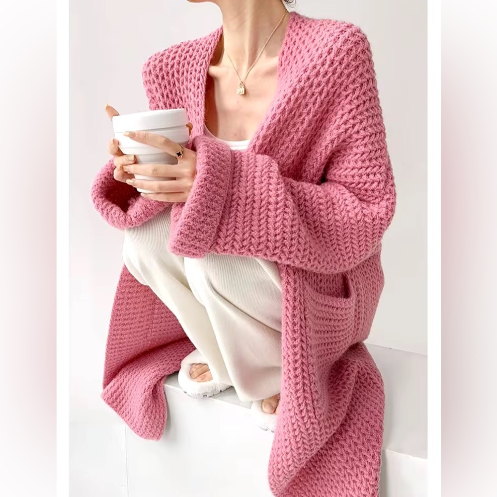 Sweater knit cardigan pocket wide sleeve boho rose pink NWT